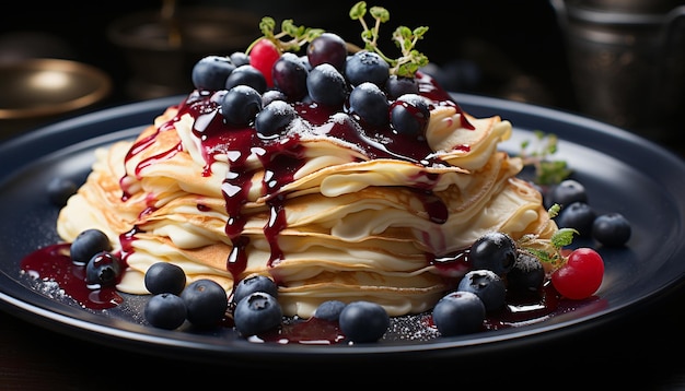 Frische auf einem Teller, Beerenfrucht, Pfannkuchen, Dessert, Gourmet-Himbeere, erzeugt durch künstliche Intelligenz