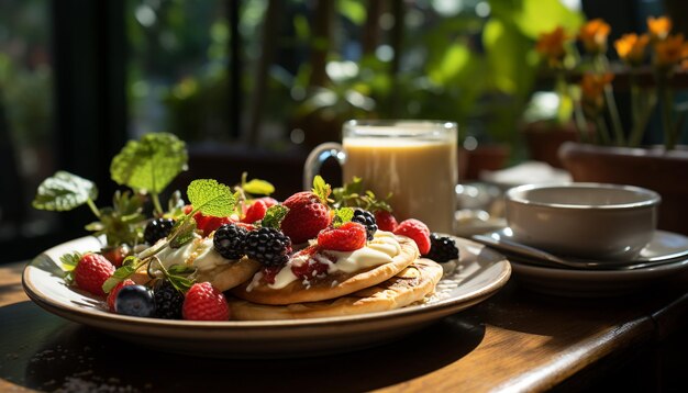 Foto frische auf einem teller hausgemachte gourmet-pancakes mit beeren-dessert, generiert von ki