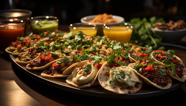 Frische auf einem Teller, Taco-Fleisch, Guacamole-Gemüse und Koriander, erzeugt durch künstliche Intelligenz