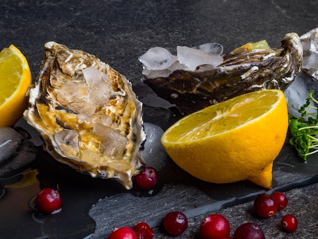 Frische Austern in Steinschiefer mit Eis Preiselbeeren Zitronenscheiben Delikatessen teure Lebensmittel reich an Zink Antioxidantien Vitamin