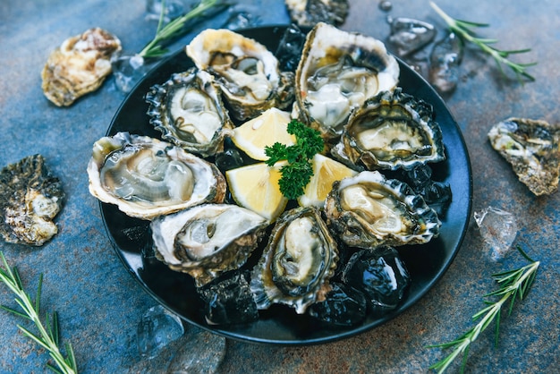 Frische Austern Meeresfrüchte auf schwarzem Teller. Offene Austernschale mit Kräutergewürzen Zitronen-Rosmarin serviert Tisch und Eis gesunde Meeresfrüchte rohe Austern Abendessen im Restaurant Gourmet-Essen