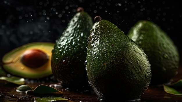 Frische Avocado, getroffen von Wasserspritzern mit schwarzem, unscharfem Hintergrund und perfektem Betrachtungswinkel