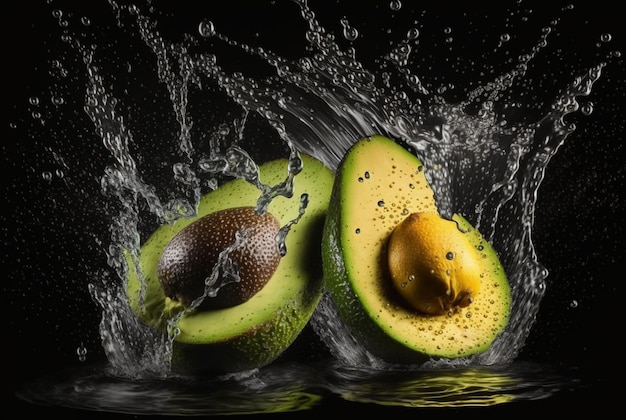 Frische Avocado mit Spritzwasser isoliert auf schwarzem Hintergrund generative ai