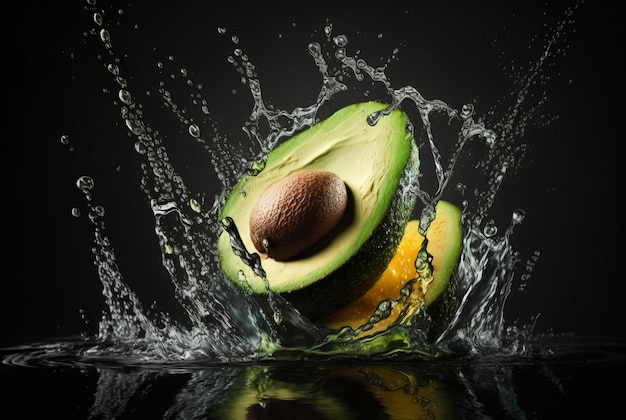 Frische Avocado mit Spritzwasser isoliert auf schwarzem Hintergrund generative ai