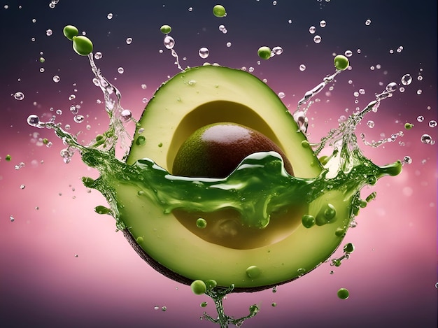 Frische Avocado mit Wasserspritz auf farbenfrohem Hintergrund 3D-Illustration