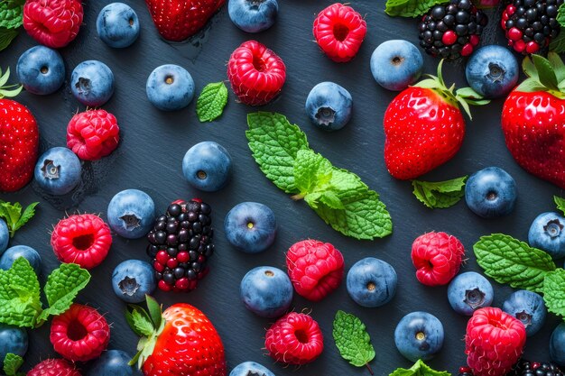 Frische Beeren auf dunklem Hintergrund mit Minzblättern Gesundes Essen und Ernährungskonzept