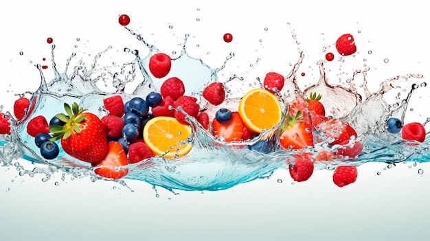 frische Beeren, die in Wasser spritzen, gemischte Medien