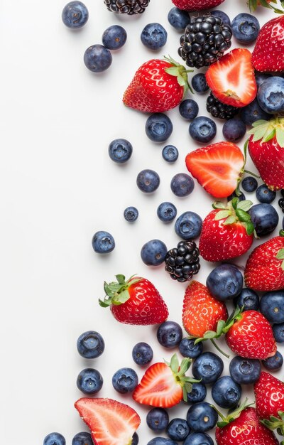 Frische Beeren, Erdbeeren, Blaubeeren, Schwarzbeeren und Himbeeren auf weißem Hintergrund
