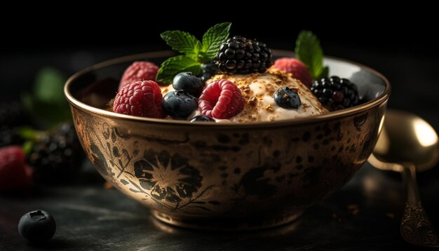 Frische Beerenschale mit Joghurt und Müsli, generiert von KI