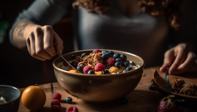 Frische Beerenschale mit Müsli, Joghurt und Himbeeren, generiert von KI