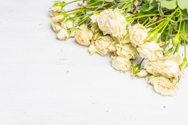 Frische beige Rosen auf alten weißen Holzbrettern. Das festliche Konzept für Hochzeiten, Geburtstage, 8. März, Mutter- oder Valentinstag. Grußkarte