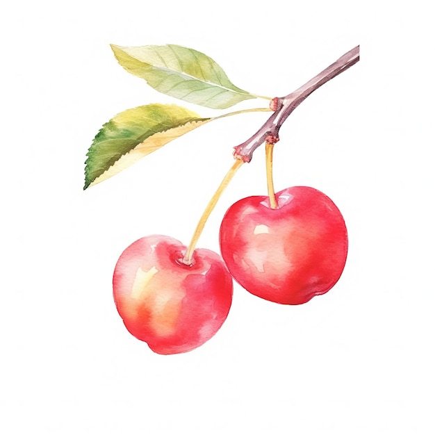 Frische Bio-Acerola-Kirschfrucht, quadratische Aquarell-Illustration