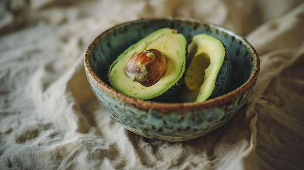 Frische Bio-Avocado in einer Keramikschüssel im rustikalen Stil