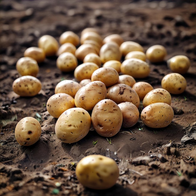 Foto frische bio-junge gelbe kartoffeln auf braunem boden