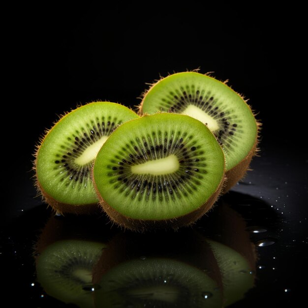 Frische Bio-Kiwi-Frucht Fotorealistische quadratische Illustration Gesunde vegetarische Ernährung Ai Generierte helle Illustration auf dunklem Hintergrund saftige Kiwi-Früchte