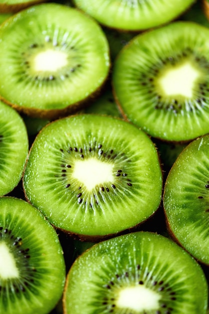 Foto frische bio-kiwis in scheiben geschnitten lebensmittelrahmen mit kopierbereich für ihren text banner grüner kiwi kreist hintergrund ein