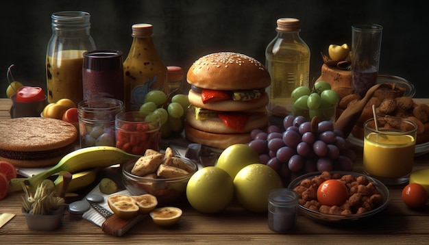 Frische Bio-Mahlzeit auf rustikalem Holztisch mit gesunden Variationen, erzeugt durch künstliche Intelligenz