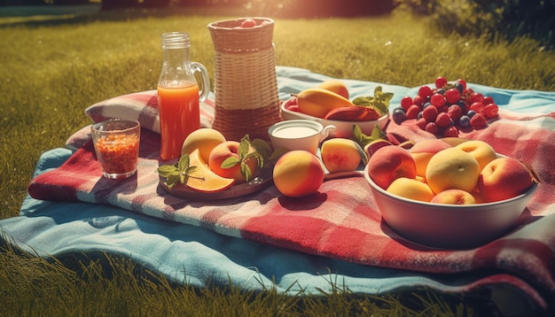 Frische Bio-Picknickmahlzeit auf der grünen Wiese, generiert durch künstliche Intelligenz