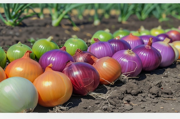 Frische Bio-Zwiebeln liegen auf dem Boden in einer lebendigen Gartenreihe unter Sonnenlicht Landwirtschaft und