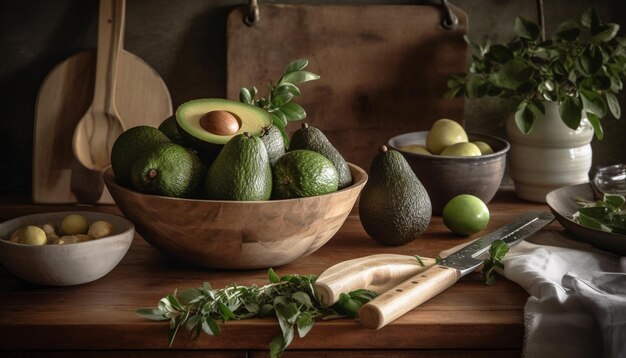 Frische biologische vegetarische Guacamole mit reifen Avocado auf einem rustikalen Tisch, erzeugt von KI