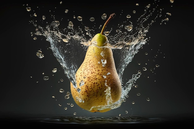 frische birne fliegt auf der wasseroberfläche mit starkem spritzer von wassertropfen. Konzeptgeschmack und Frische, gesundes Leben, erstellt mit generativer KI-Technologie