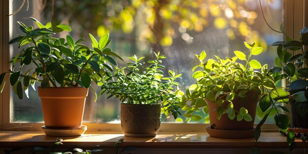 Frische Blätter von Innenpflanzen, die sich im Morgensonnenlicht sonnen