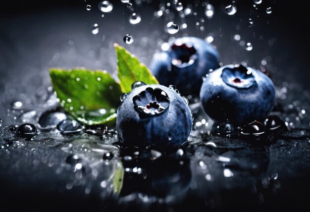 Frische Blaubeeren mit spritzenden Wassertropfen