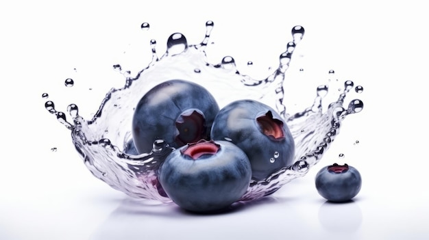 Frische Blaubeeren mit Wasserspritzer auf weißem Hintergrund