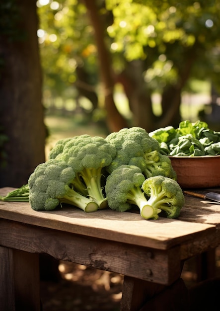 Frische Brokkoli auf einem Holztisch im Garten Generative KI