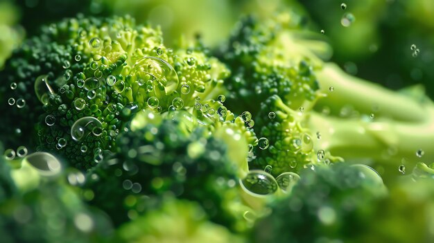 Frische Brokkoli-Blüten, die mit Tautropfen bedeckt sind