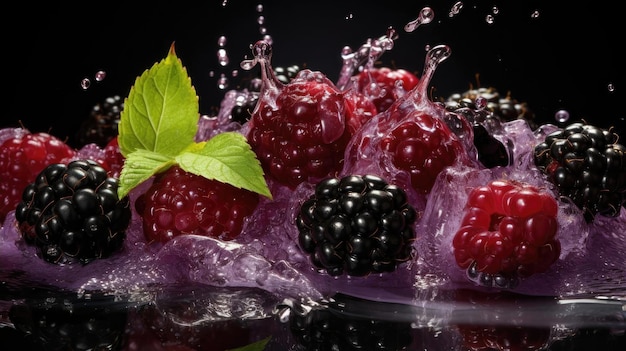 Frische Brombeeren und Rotbeeren bespritzt mit Wasser auf schwarzem Hintergrund und verschwimmen