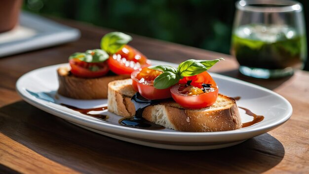 Frische Bruschetta auf einem Teller in einer rustikalen Umgebung im Freien