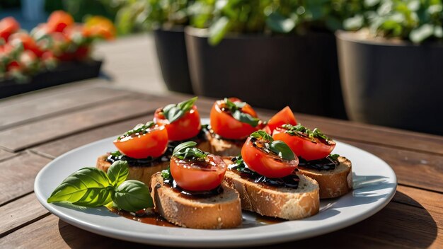 Frische Bruschetta auf einem Teller in einer rustikalen Umgebung im Freien