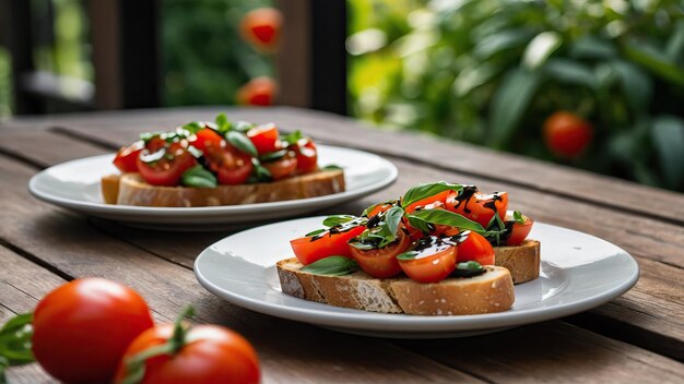 Frische Bruschetta auf einem Teller in einer rustikalen Umgebung im Freien