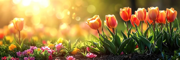 Foto frische bunte tulpenblumen blühen im garten bannerbild für website-hintergrund