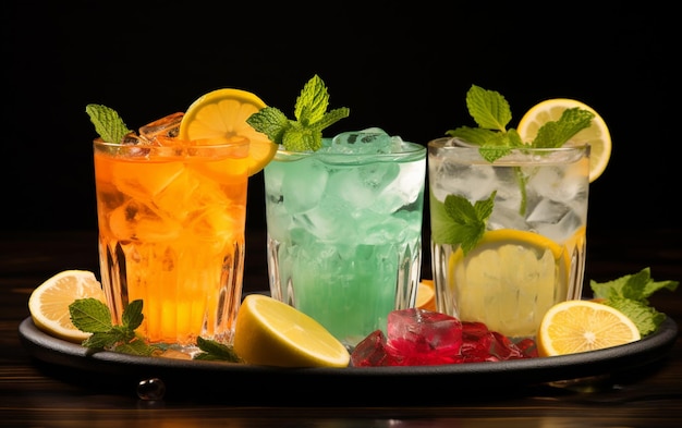 Frische Cocktails mit Eis, Zitrone, Limette und Früchten