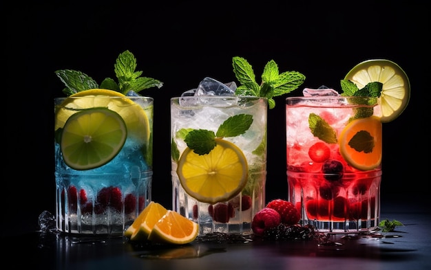 Frische Cocktails mit Eis, Zitrone, Limette und Früchten