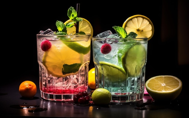 Frische Cocktails mit Eis, Zitrone, Limette und Früchten