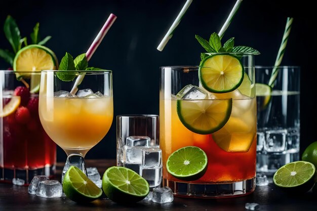 frische Cocktails mit Eis, Zitrone, Limette und Früchten