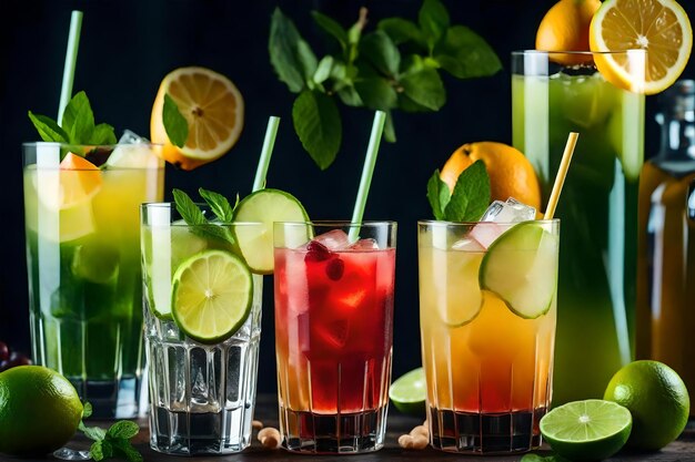 frische Cocktails mit Eis, Zitrone, Limette und Früchten