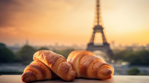 Frische Croissants auf dem Tisch vor dem Eiffelturm in Paris Frankreich Generative KI