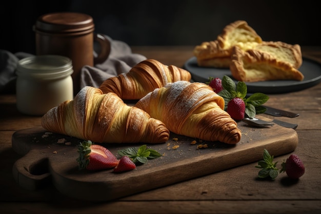 Frische Croissants auf einem Holzbrett AI-Generation