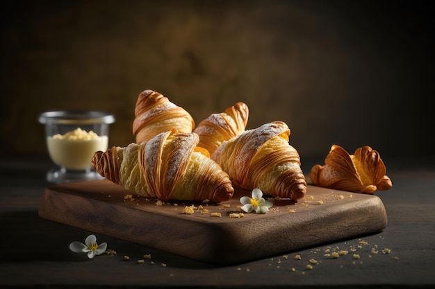 Frische Croissants auf einem Holzbrett AI-Generation