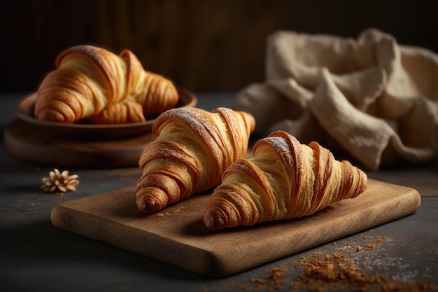 Frische Croissants auf einem Holzbrett AI-Generation