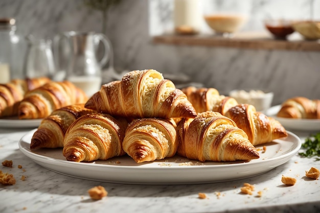 Frische Croissants auf einem weißen Teller in der Küche