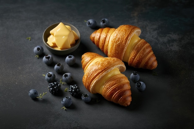 Frische Croissants mit Heidelbeerbutter und honiggrauem Hintergrund AI-Generation