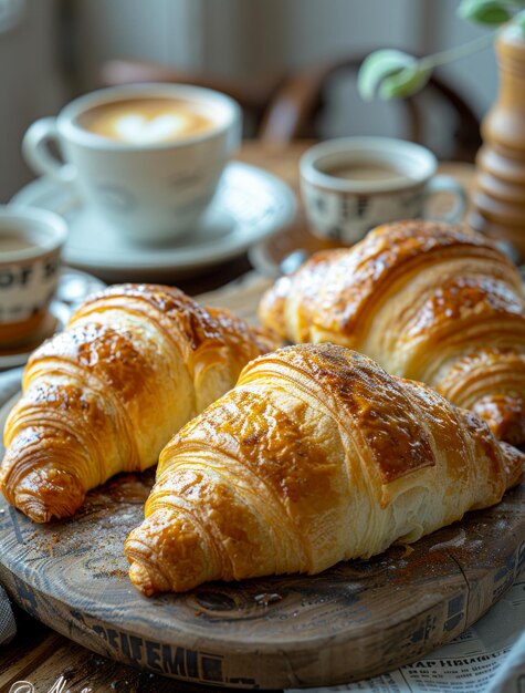 Frische Croissants und Kaffee auf einem Holztisch