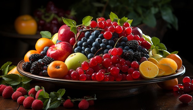 Frische der Natur, gesunde Ernährung mit mehrfarbiger Obstschale, generiert durch künstliche Intelligenz