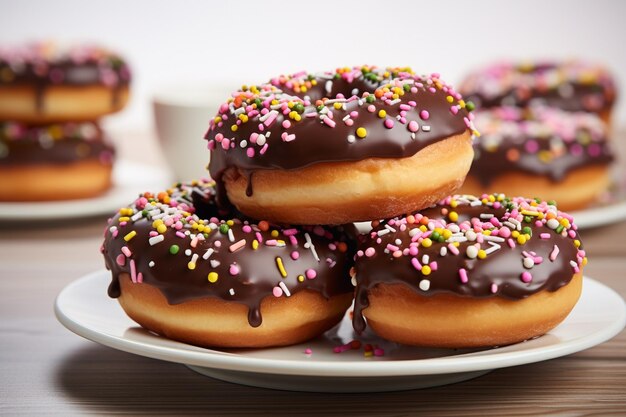 Frische Donuts mit Schokoladenbeschichtung und Sprinkles auf dem Teller