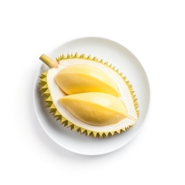 Frische Durian-Früchte auf weißem Teller und weißem Hintergrund, Draufsicht. Tropische Früchte